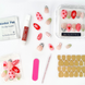 Hand-Painted luxury press on nail kit for NTAB Strawberry Picnic nails. Nail kit contents are displayed including 24 press on nails in a box, alcohol pad, adhesive tabs, nail glue, nail file, and cuticle stick. 